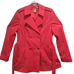 Cache Sz L Salmon Double Breasted Mid Length Trench Coat Jacket Belt Pockets Zip